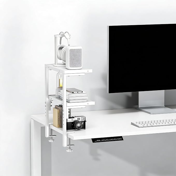 2-Tier Desk Shelf, Expandable Under Desk Storage, Clamp on Desk Shelf, Desktop Accessories for Offices, Study Rooms, and Game Rooms (White)