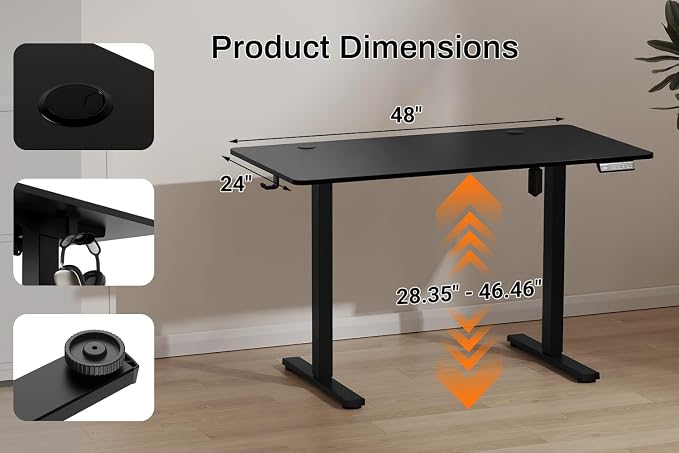 Standing Desk Electric Height Adjustable Desk 48 x 23.6 Inches Sit Stand up Desk, Computer Home Office Desk Memory Preset with Two-Piece Desktop (Black, 48 * 24 Inch)