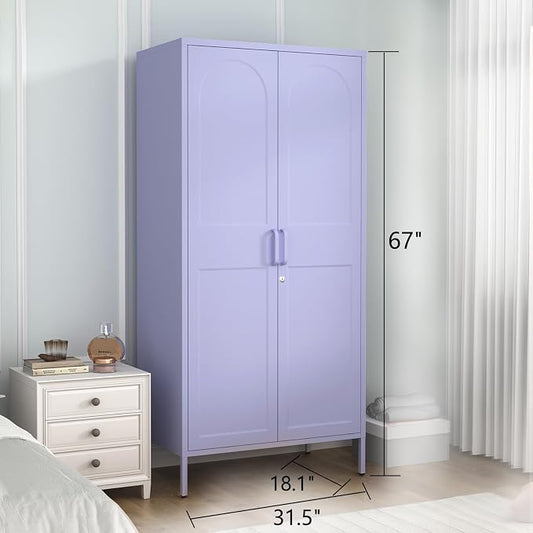Lockable Metal Wardrobe Closet with Hanging Rod and 3 Adjustable Shelves,67" Metal Storage Cabinet with 2 Doors,Steel Armoire Wardrobe Closet for Bedroom Living Room Cloak Room (Purple)
