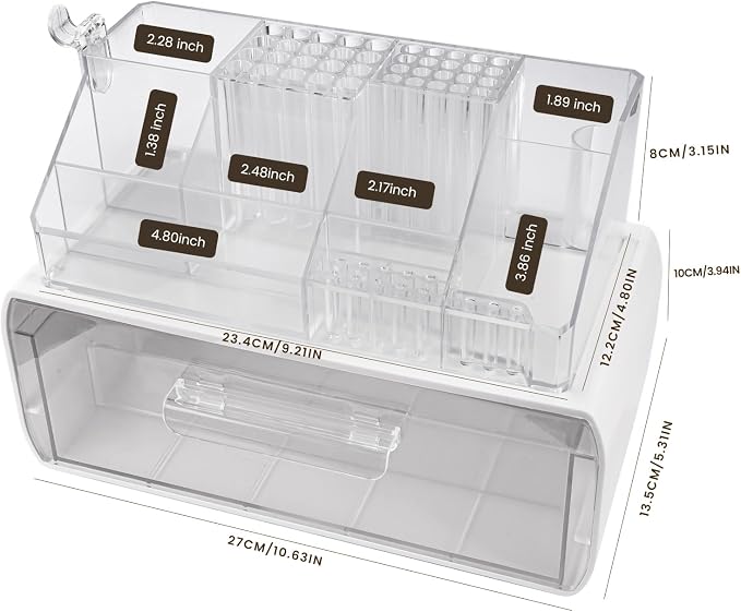 Wilfniee 2-Tier Nail Tech Desk Organizer with Drawer for Polish, Brushes, Drill Bits