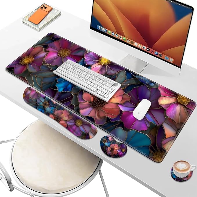 Desk Pad and Keyboard Wrist Rest, Large Mouse Pad + Keyboard Pad+Mouse Wrist Support, Non-Slip Desk Mat Protector for Office, Home 31.5×11.8 Inches Glass Flower