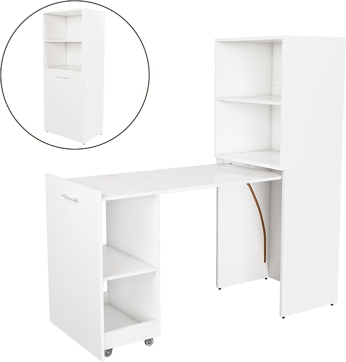 Foldable Expandable Desk Cabinet with Storage Shelves, Rolling Caster Base, Magnetic Closure, Retractable Workstation Unit for Small Spaces, Home Office Study Writing Table Organizer (White)