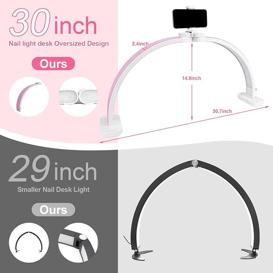Half Moon Light for Nail Desk 31" Foldable LED Nail Desk Lamp with Phone Holder, Professional Nail Tech Light for Manicure & Beauty Studio