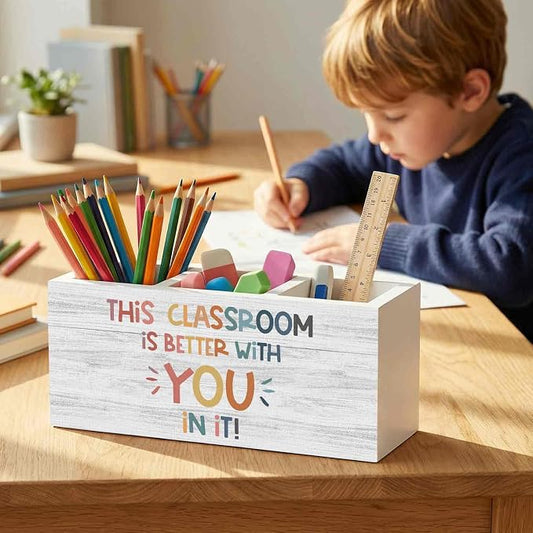 Boho Classroom Pencil Pen Holder for Desk Organizer, Inspirational Motivational Gifts, This Classroom Is Better with You in It Wooden Box Decorations for Kids Room Bedroom Desk Tabletop Decor