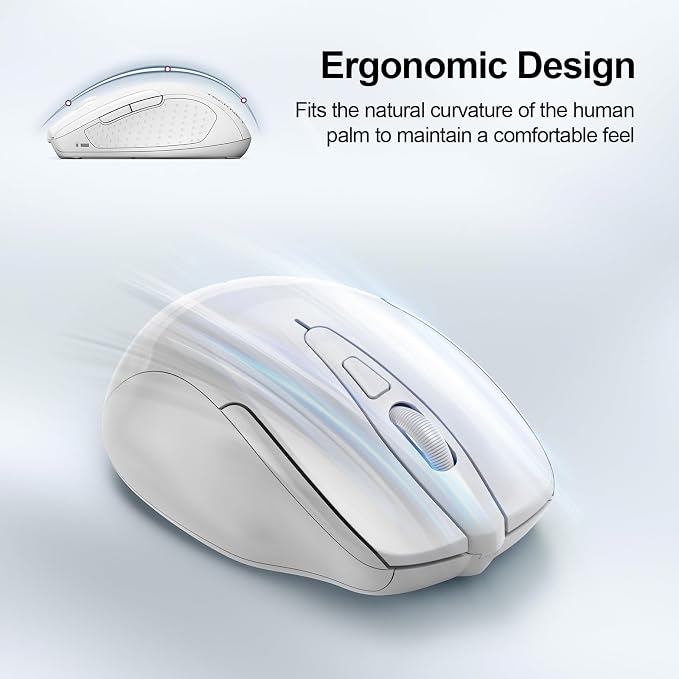 TECKNET Wireless Mouse (2.4G & BT5.0/3.0) Silent 4800 DPI Computer USB A & Bluetooth Mouse 6 Buttons, Wide Compatibility - White