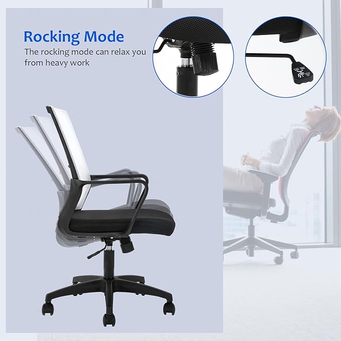 Office Chair Ergonomic Desk Task Chair Mesh Computer Chair Mid-Back Mesh Home Office Swivel Chair Modern Executive Chair with Wheels Armrests Lumbar Support(White)