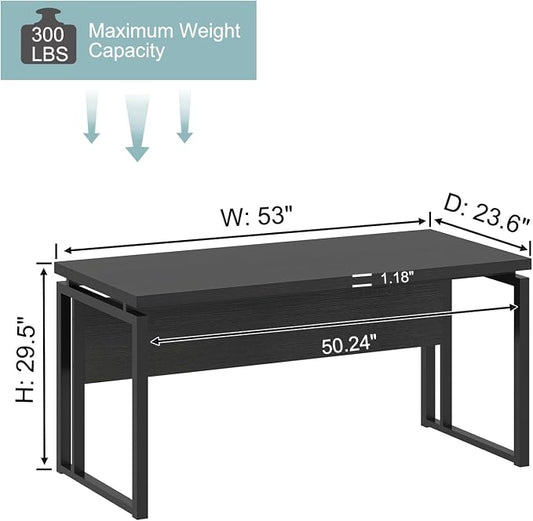 EXCEFUR Black Desk for Home Office, Modern Computer Desk, Wood and Metal Writing Study Table for Workstations, Living Room, Bedroom, 53 Inch