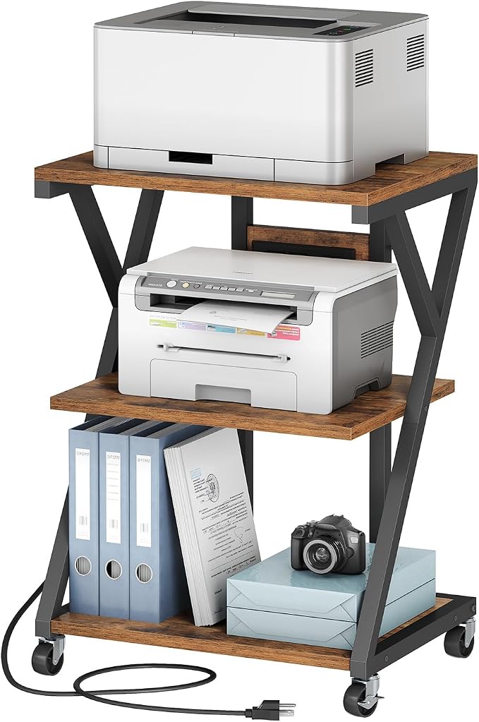 HOOBRO 3-Tier Printer Stand, Mobile Printer Table, Rolling Cart with Charging Station, Home Printer Stand, for Living Room, Kitchen, Office, Rustic Brown and Black BF33UPS01