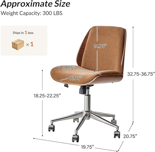 HULALA HOME Fabric Home Office Chair with Bent Wood Design & Rocking Tilt Function, Modern Swivel Desk Chair with Adjustable Height, Comfy Upholstered Armless Computer Task Chair, Caramel
