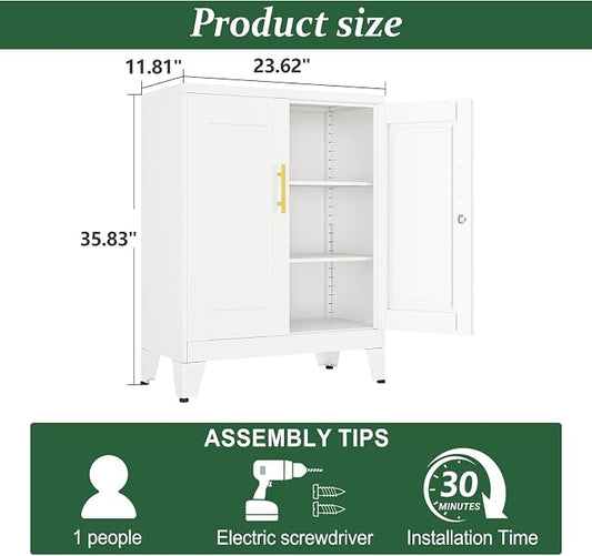 White Metal Storage Cabinet, 36" Tall Locking Storage Cabinet with 2 Adjustable Shelves, Steel Locker Organizer, for Office, Home, School, 11.81" D x 23.62" W x 35.83" H, 2PS