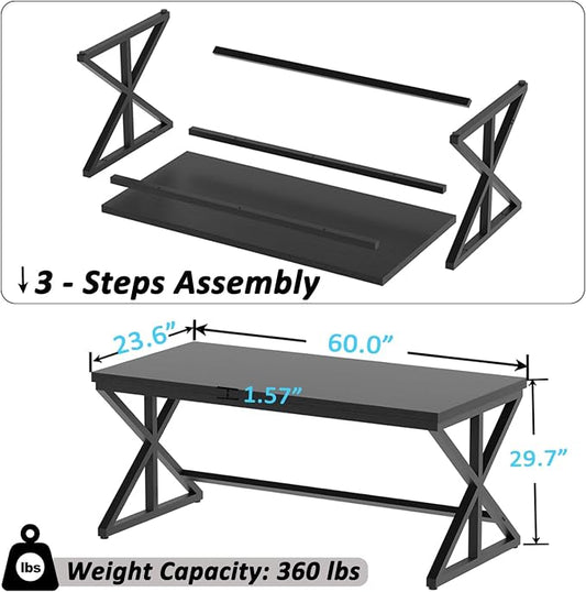 IBF Modern Black Computer Desk, Long Home Office Desk for Writing Study, Large Simple Wood Metal Work Desk in Bedroom, Big Industrial Pc Gaming Workstation Executive Computer Table, Black Oak, 60 Inch