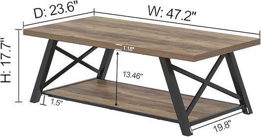 EXCEFUR Modern Coffee Table, Rectangle Center Table for Living Room with Storage Shelf, Industrial Wood and Metal Cocktail Tea Table, Rustic Oak, 47 Inch