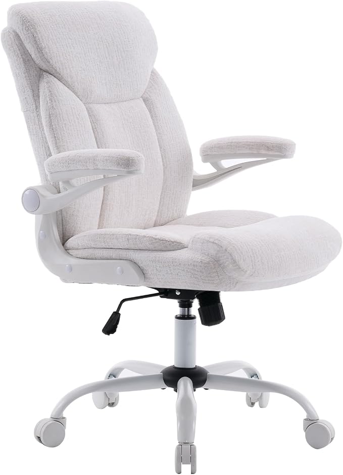 Fabric Executive Office Chair - Ergonomic Computer Chair with Flip-up Arms Comfy Cloth Home Desk Chairs Mid Back Support Adjustable Height Tilt Lock Swivel Rolling Wheels, White