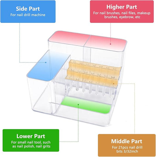 Nail Drill Holder, 21 Holes Nail Drill Machine & Bits Storage Box, Acrylic Nail Drill Bit Holder Professional Nail Tools Organizer, Nail Desk Organizer for Nail Tech