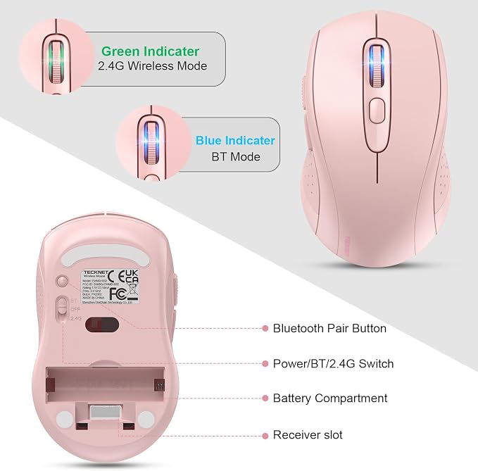 TECKNET Bluetooth Mouse (BT 5.0/3.0+2.4Ghz), 6-Level 4000 DPI Wireless Mice for Laptop, 2-in-1 Ergonomic Computer Portable PC Mouse, Silent Mouse with USB Receiver for Windows/Mac/PC/Notebook-Pink