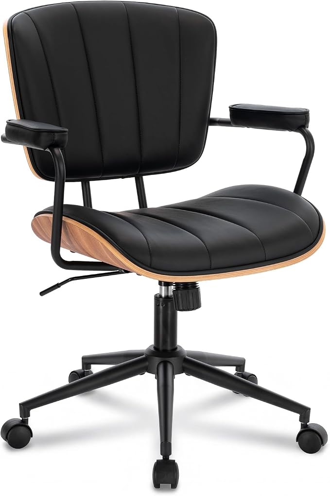 Mid Century Modern Office Chair, Fixed Back Rolling Desk Chair with Armrests and Walnut Back, Adjustable Height for Home Office, Black