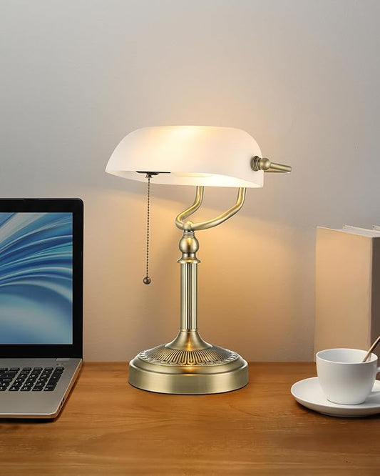 White Matted Glass Bankers Desk Lamp,Plug in | Pull Chain Switch Fixture