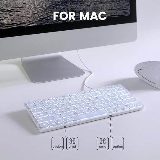 Perixx PERIBOARD-332MW Wired Backlit Scissor Keyboard - Compatible with Mac OS X and iOS Device - Mini 11.22x4.57x0.83 Inches - Scissor Keys with Big Font - White Backlit