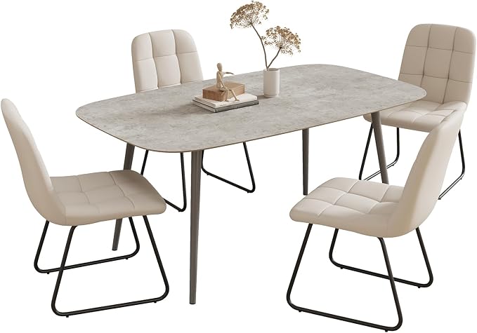 HIPIHOM 55.1'' Dining Table Set for 4,Modern Wood Dining Table,Leather Dining Chairs 4,Table and Chairs Set of 4,Ideal for Kitchen Dining Room (Gray Table + 4 U-Shaped White Chairs, 55.1")