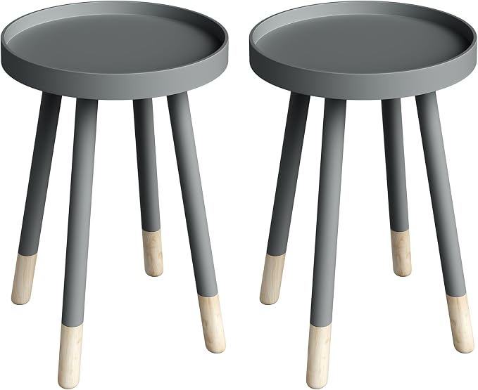Lavish Home Round End Table Set of 2 – 17 Inch Small Round Side Table Set with Tray Tops and Color-Block Spindle Legs – Wooden Mid Century Modern Living Room Furniture (Gray)