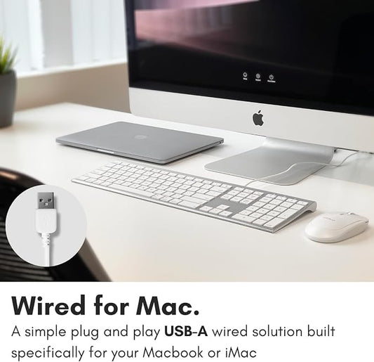 Macally Ultra Slim USB Wired Computer Keyboard - Compatible Apple Keyboard or Windows - Full Size with 20 Mac Keyboard Keys -with Numeric Keypad - Silver Aluminum Finish