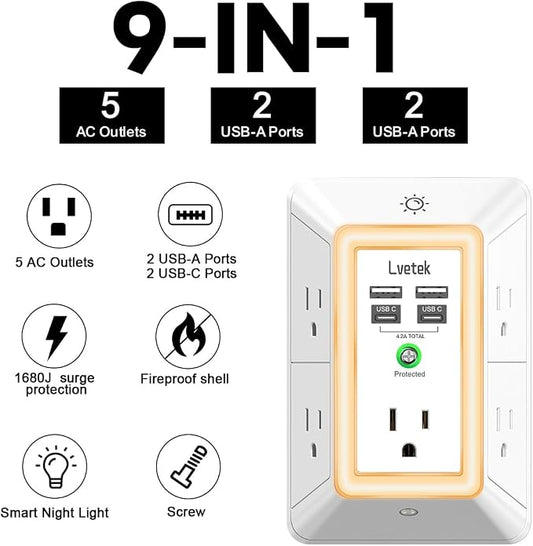 Multi Plug Outlet Surge Protector - Lvetek 3-Sided Power Strip with 5 Outlet Extender and 4 USB Ports(2 USB-C) and Night Light, USB Wall Charger for Home, Office, Travel, ETL Listed, White
