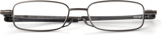 Foster Grant Gavin Fold Flat Rectangular Reading Glasses, Gunmetal/Transparent, 48 mm + 3
