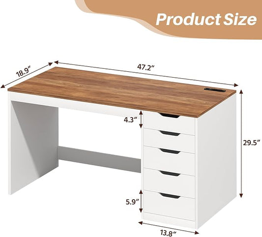 YOMILUVE 47 Inch Computer Desk with 5 Drawers and Power Outlets, Home Office Desks with Storage File Cabinet, Modern Simple Laptop Desk Writing Table for Small Spaces, Brown and White