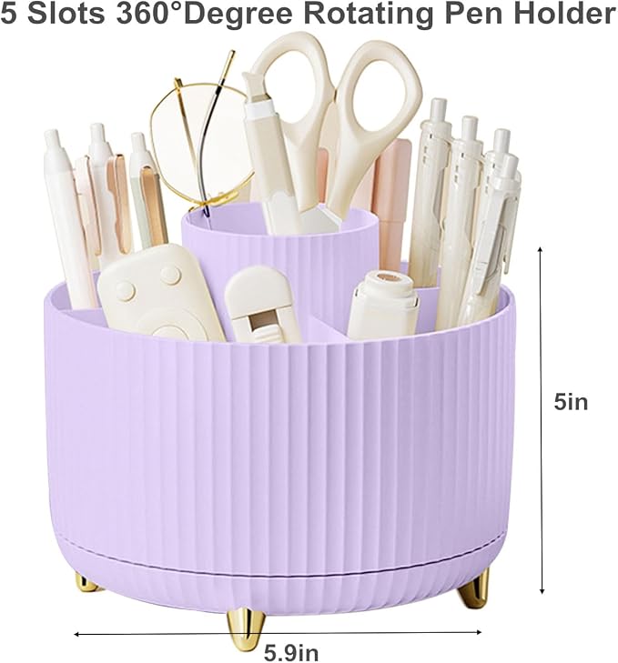 Pencil Pen Holder 5 Slots 360°Degree Rotating Pen Organizers for Desk Desktop Storage Stationery Supplies Cute Pencil Cup Pot Kids Desk Organizer for Office Home School(Purple 2)