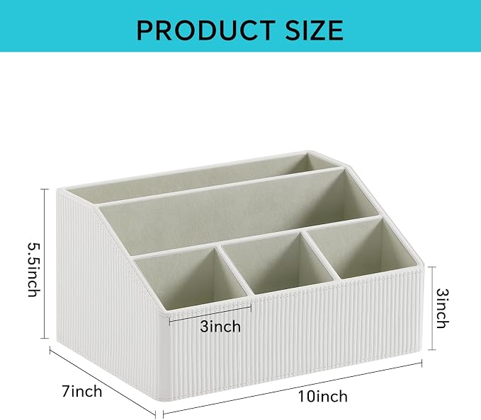 Desk Organizer Caddy with 5 Compartments for Office Art Supplies, PU Leather Nightstand Organizer Pencil Pen Desk Caddy for Home, Desktop TV Remote Control Holder Storage (Striped Ivory)