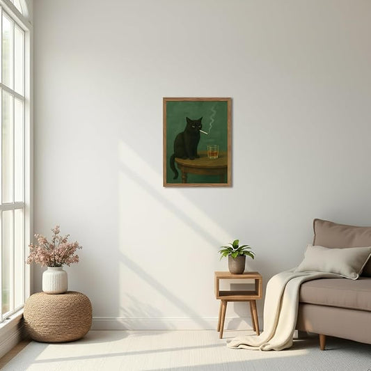 Moody Black Cat Canvas Wall Art 12x16 in Funny Smoking Cat with Whiskey Wall Decor Vintage Whimsical Animal Painting Dark Humor for Bar Cart Kitchen Living Room Wood Framed