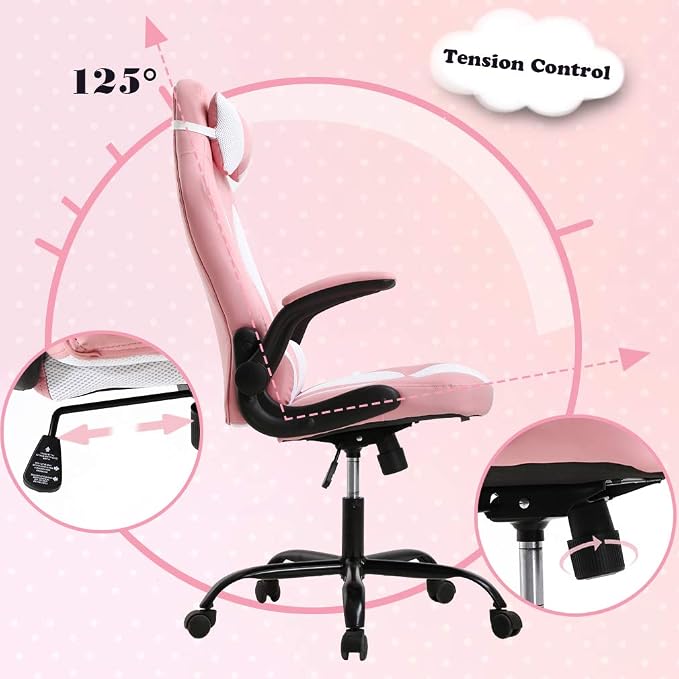 BestOffice Gaming Chair Office Chair Desk Chair with Lumbar Support Flip Up Arms Headrest Swivel Rolling Adjustable PU Leather Racing Computer Chair for Girls,Pink