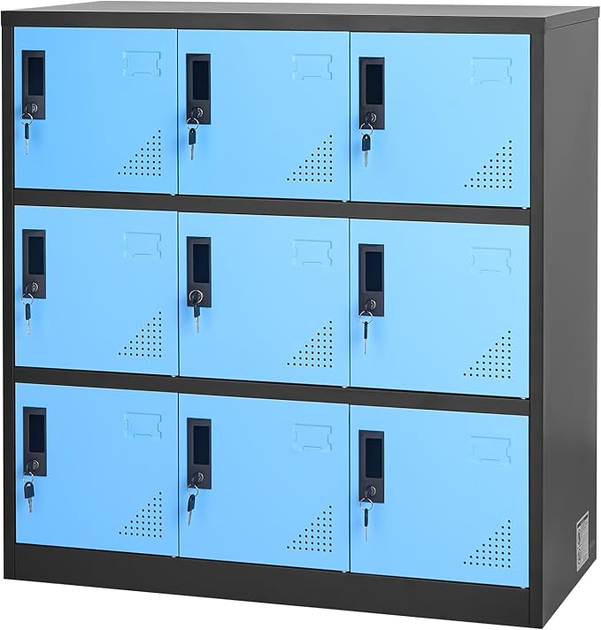 VEVOR 9 Doors Metal Locker for Employees, Steel Locking Storage Cabinet with Card Slot and Ventilation, 2 Keys for Each Door, Employee Lockers for Office, School, Gym, Home, Easy Assembly, Blue&Black