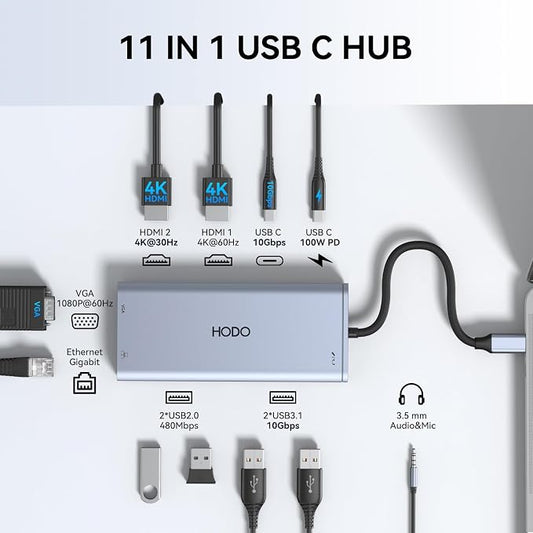 USB C Docking Station Dual Monitor for Dell HP, Laptop Docking Station 3 Monitors USB C Hub Dock to 2 HDMI 4K, VGA,Ethernet,10Gbps USB A/C Port, 100W PD Port, Audio, Type C Adapter 11 in 1 for Lenovo