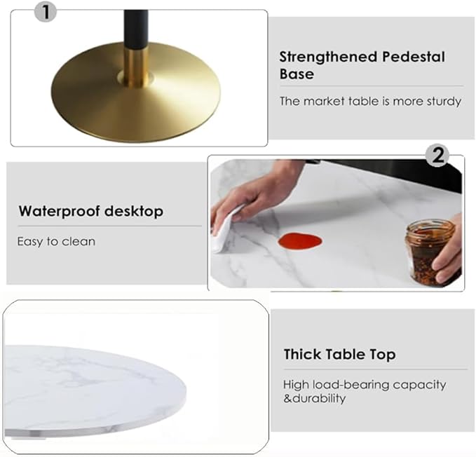 31.5" Round Dining Table, White Sintered Stone Top Kitchen Table with Sturdy Metal Base and Reinforced Support Post, Space-Saving for Home, Apartment, Bistro & Coffee Shop