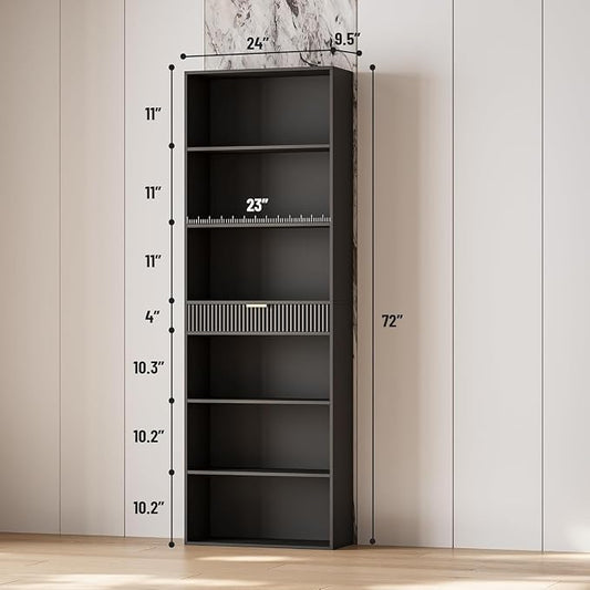 INNOD Multifunctional 7-Shelf Storage Bookcase, 72" Tall Wood Bookshelf with Drawer & Anti-Tip Kit, Display Organizer for Home Office, Living Room, Bedroom Furniture
