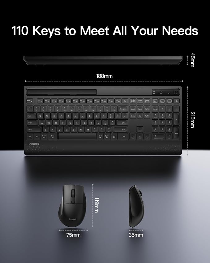 Inateck Wireless Keyboard and Mouse Combo, Full-Size Keyboard with Wrist Rest, Phone Holder, 2.4 GHz Wireless/Bluetooth Silent, Compatible with Computer, Laptop, PC, Mac, Windows