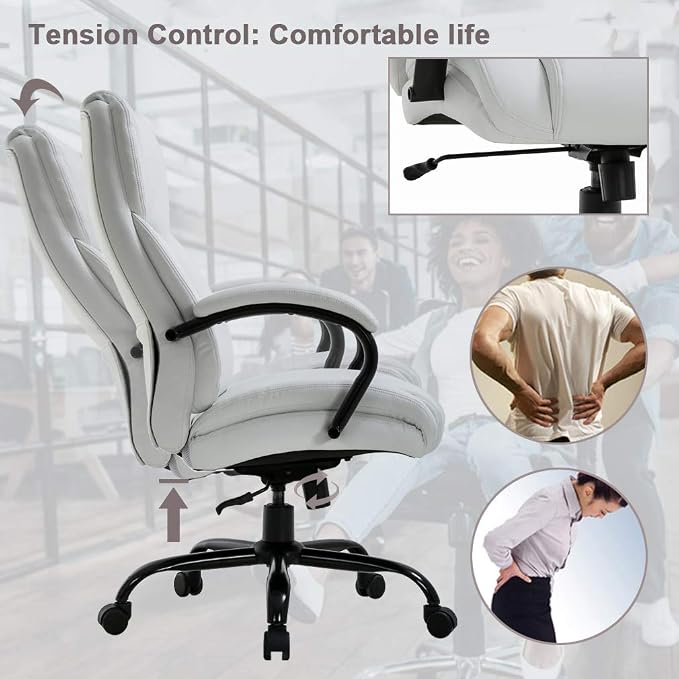 Office Chair 500lbs Wide Seat Ergonomic Desk Chair PU Leather Computer Chair Task High Back Executive Chair with Lumbar Support Armrest Adjustable Chair for Heavy People, White
