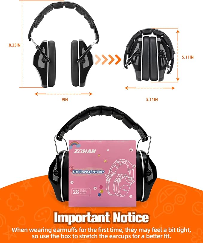 ZOHAN 032 Kids Noise Canceling Headphones - 25dB NRR Kids Ear Protection Earmuffs for School, Monster Jam, Fireworks, Travel, Air Show, Concert, Autism - Black