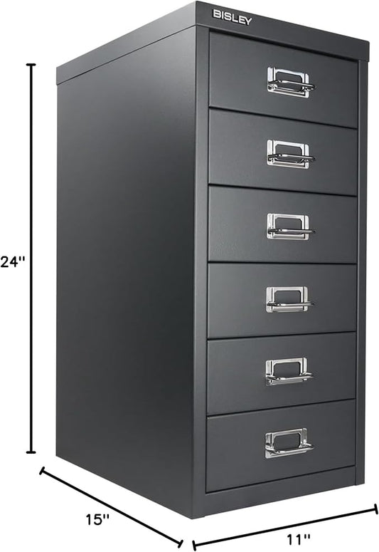 Bisley 6-Drawer Steel MultiDrawer Cabinet - Anthracite Grey | Chrome Pull Handles with Label Holders, Powder-Coated Steel, Removable Drawers, Fits Under Most Desks, Labels Included