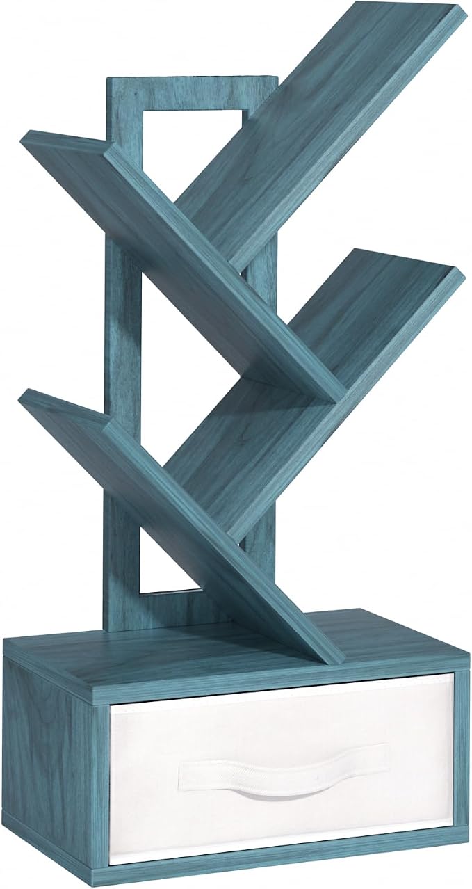 SHEEPAM Small Book Shelf with Drawer,4 Tier Black Tree Bookshelf,Blue Desktop Bookcase,Modern Desk Display Storage Bookshelves,Floor Standing Organizer Bookcases for Living Room,Bedroom,Office