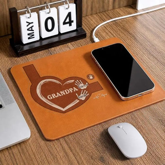 Personalized Leather Charging Mat, Dad Kids Handprints Wireless Charging Desk Mat, Custom Dad Gift from Kids, Fathers Day Gift for Dad, Papa, Grandpa, Daddy 9