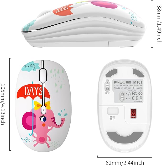 FMOUSE Cute Wireless Mouse Dual Mode with 2.4GHz USB Receiver and Bluetooth Connection for Laptop, iPad, Mac, AA Battery Silent Cartoon Cordless Mice for Kids and Students (Pink Elephant)