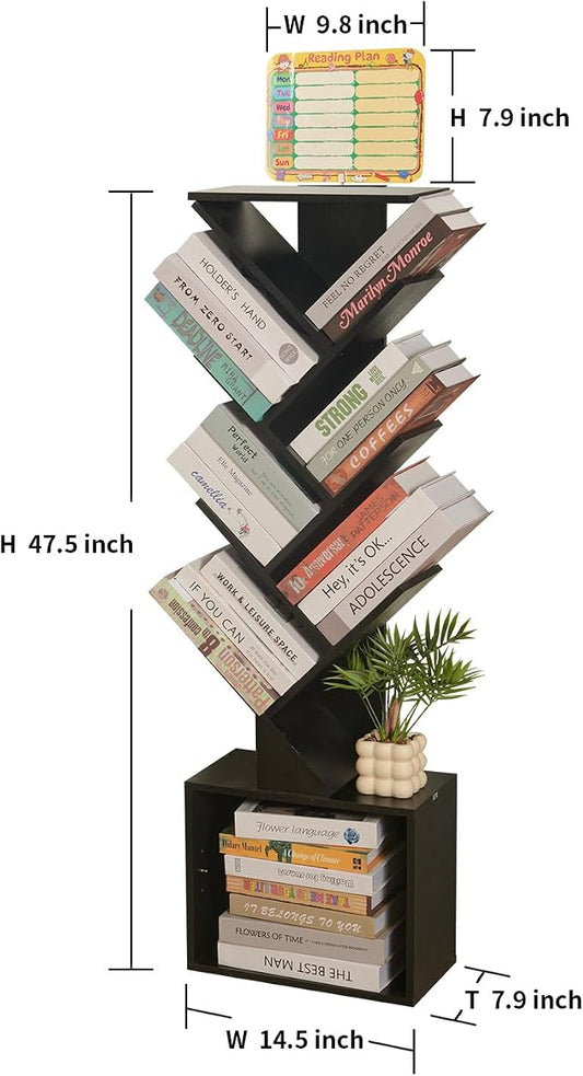 7 Tier Tree Book shelf, Small Bookcase with Reading Planner and Activity Panel, Modern Floor Standing Corner Tall Narrow Storage Cabinet Bookshelves for Home Office Bedroom Living Room (Black)