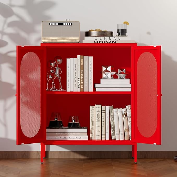 Small 2 Mesh Door Metal Storage Cabinet for Pantry,Office Room,Kitchen,Bathroom,Living Room, Hallway-Locker Cabinet with 1 Adjustable Shelf(mesh Door,red)