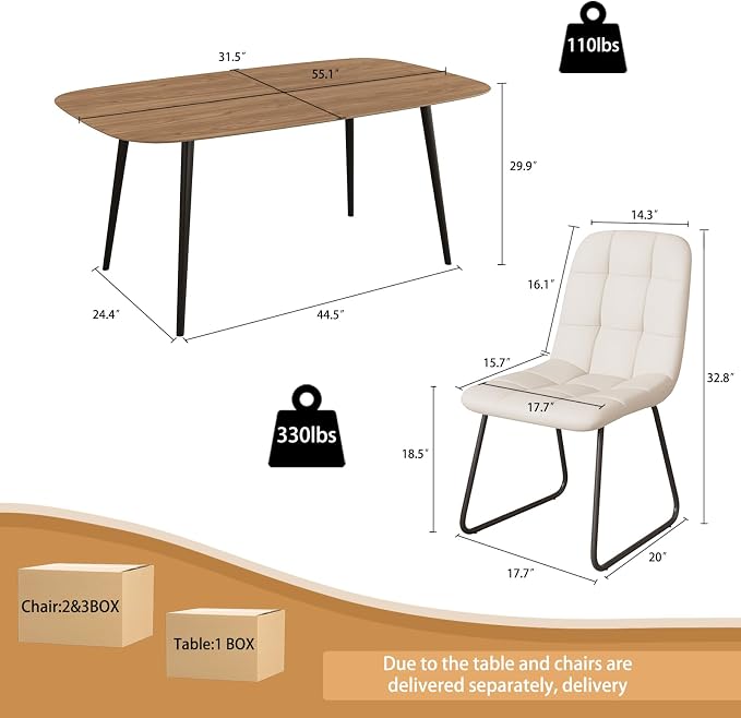 HIPIHOM 55.1'' Dining Table Set for 4,Modern Wood Dining Table,Leather Dining Chairs 4,Table and Chairs Set of 4,Ideal for Kitchen Dining Room (Walnut Color Table + 4 U-Shaped White Chairs, 55.1")