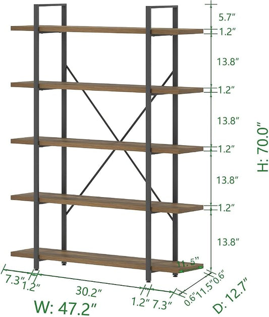 HSH Industrial Wood and Metal 5 Tier Bookshelf, Large Tall Open Rustic Wide Etagere Bookcase, Vintage Farmhouse Modern Wooden Big Book Shelf for Home Living Room Bedroom Office Storage, Rustic Oak