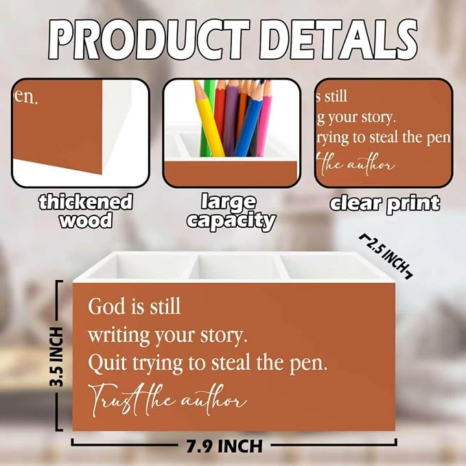 Inspirational Christian Pen Pencil Holder Organizer for Desk, God Is Still Writing Your Story Bible Verse Religious Terracotta Wooden Box Sign for Office Home Desk Tabletop Decorations