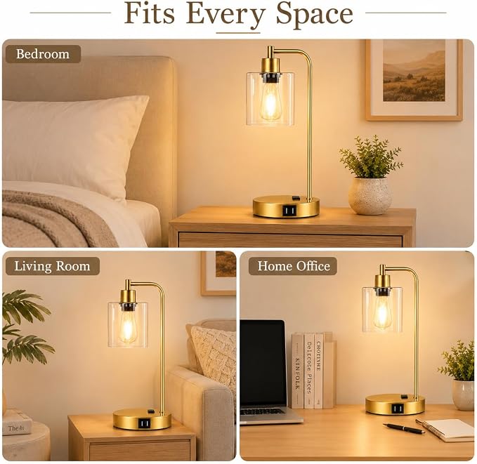 Industrial Touch Control Table Lamps Set of 2 - Gold Nightstand Bedside Lamps with 2 USB Ports & AC Outlet, 3-Way Dimmable Desk Lamp for Bedroom Living Room, Glass Shade & 2 LED Bulbs Included