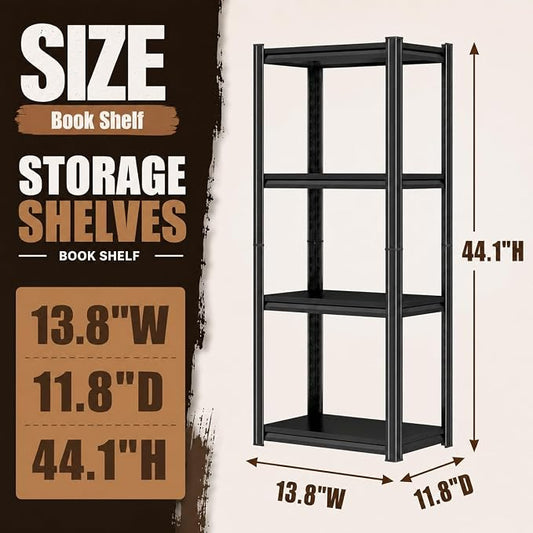 4 Tier Metal Bookshelf, Adjustable Tall Bookcase, Heavy Duty 2400 LBS Modern Deep Book Shelf, Bolt-Free Storage Shelves for Living Room, Home Office, Garage, 13.8" Wx 11.8" Dx 44.1" H